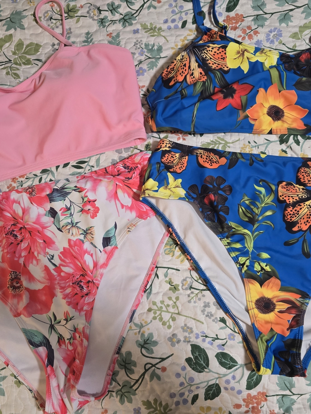 2- Women's Floral & Solid Bilini Swimsuit Sets - Pink & Blue